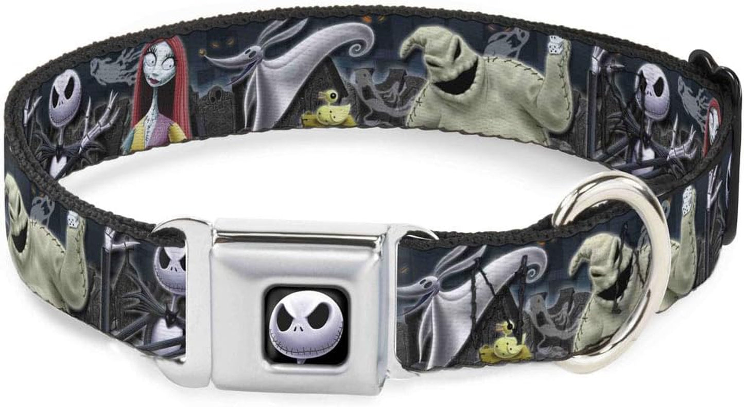 Dog Collar Seatbelt Buckle Nightmare before Christmas 4 Character Group Cemetery Scene 15 to 26 Inches 1.0 Inch Wide