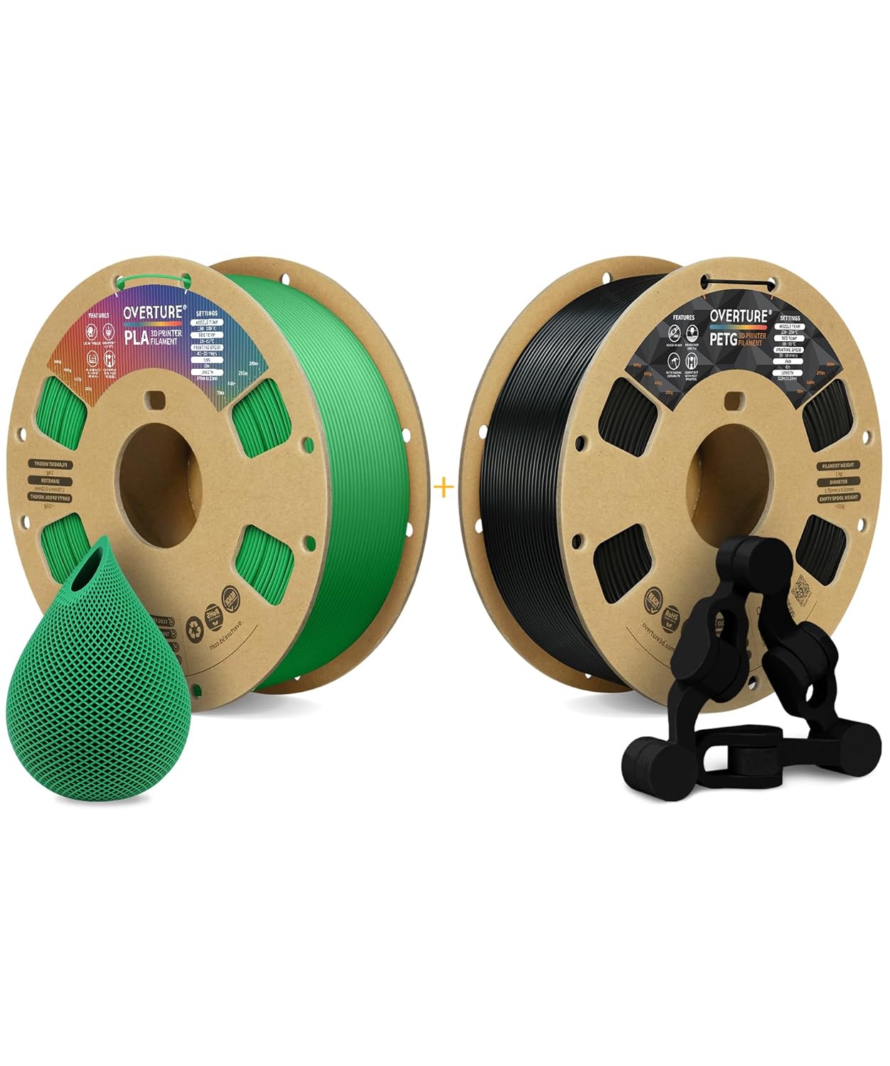 OVERTURE 3D Printer Filament 2kg, PLA Filament and PETG Filament Fit Most FDM 3D Printers, 1kg per Spool, Pack of 2, PLA Green+PETG Black