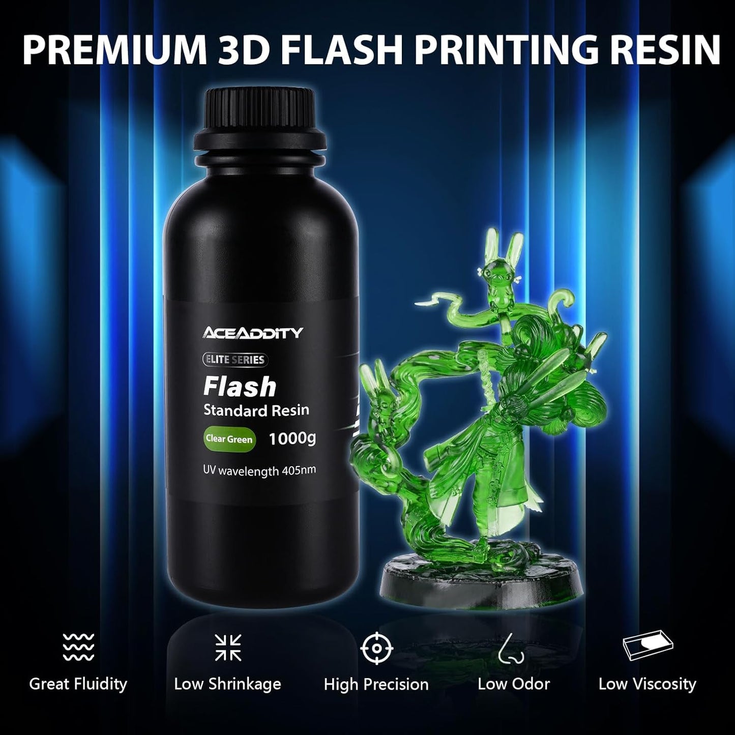 Flash 3D Printer Resin - High-Speed Standard Photopolymer Resin with Great Fluidity, Fast Printing for LCD/DLP 3D Printers, High Precision & Low Shrinkage, Clear Green 1KG