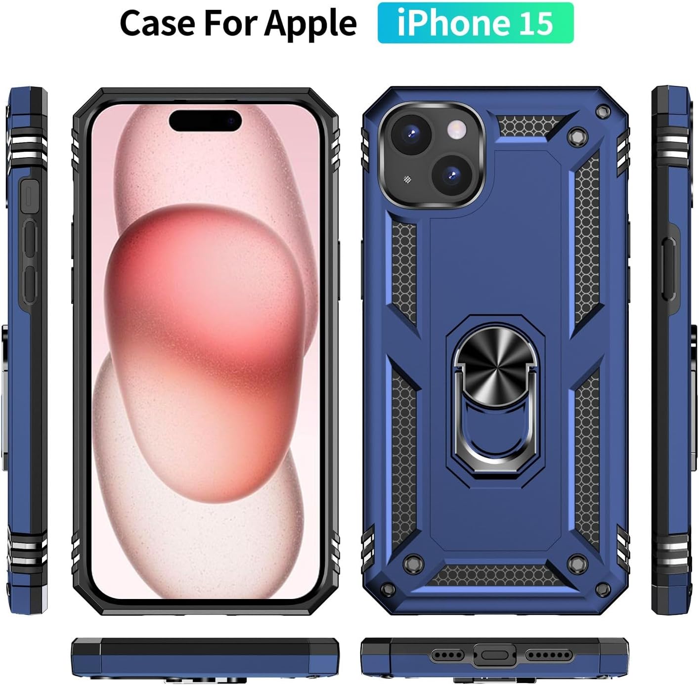 Yiakeng for iPhone 15 Case: iPhone 15 Phone Case with HD Screen Protector - Military Grade Protective Cases with Ring for iPhone 15(Blue)