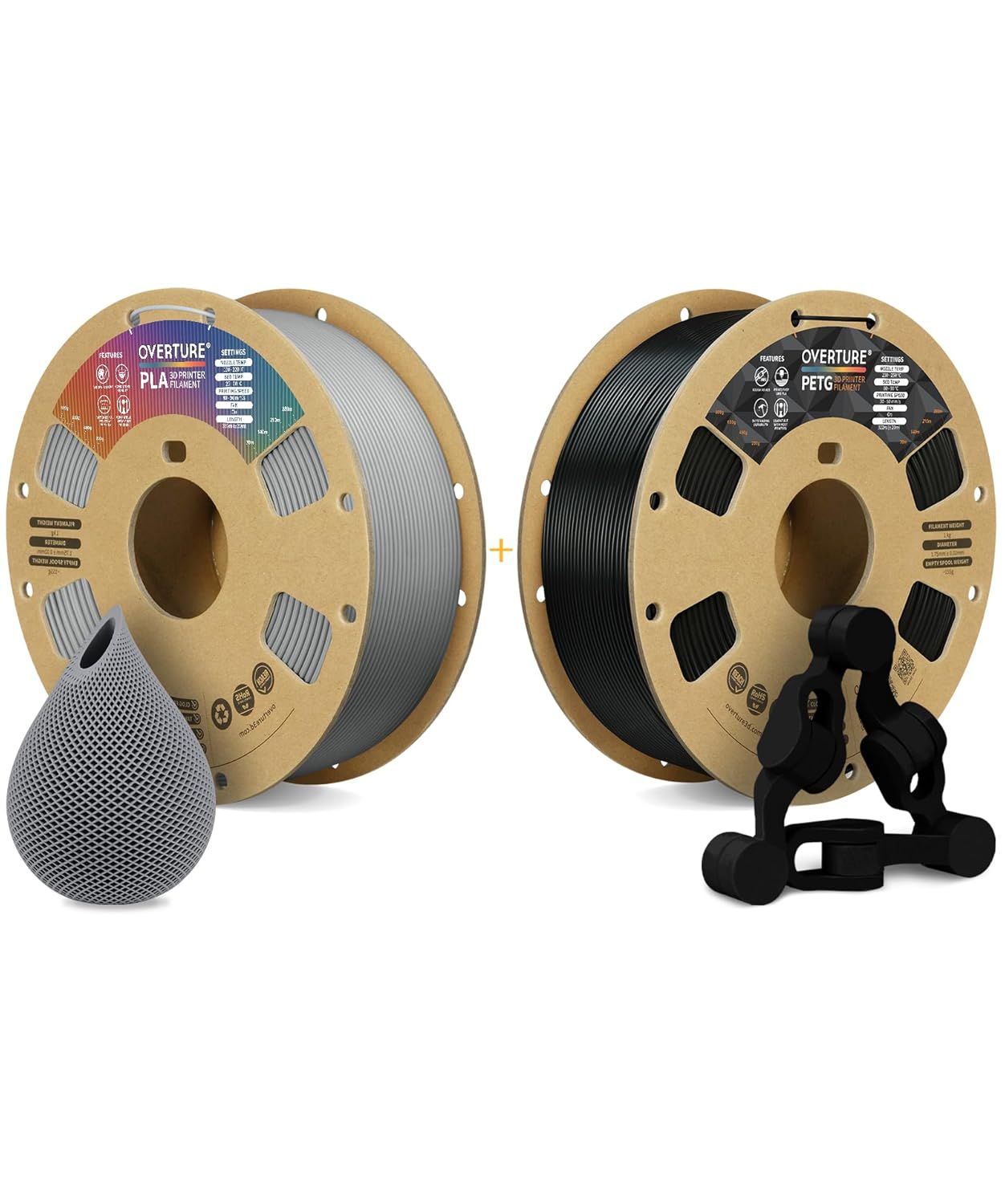 OVERTURE 3D Printer Filament 2kg, PLA Filament and PETG Filament Fit Most FDM 3D Printers, 1kg per Spool, Pack of 2, PLA Light Gray+PETG Black