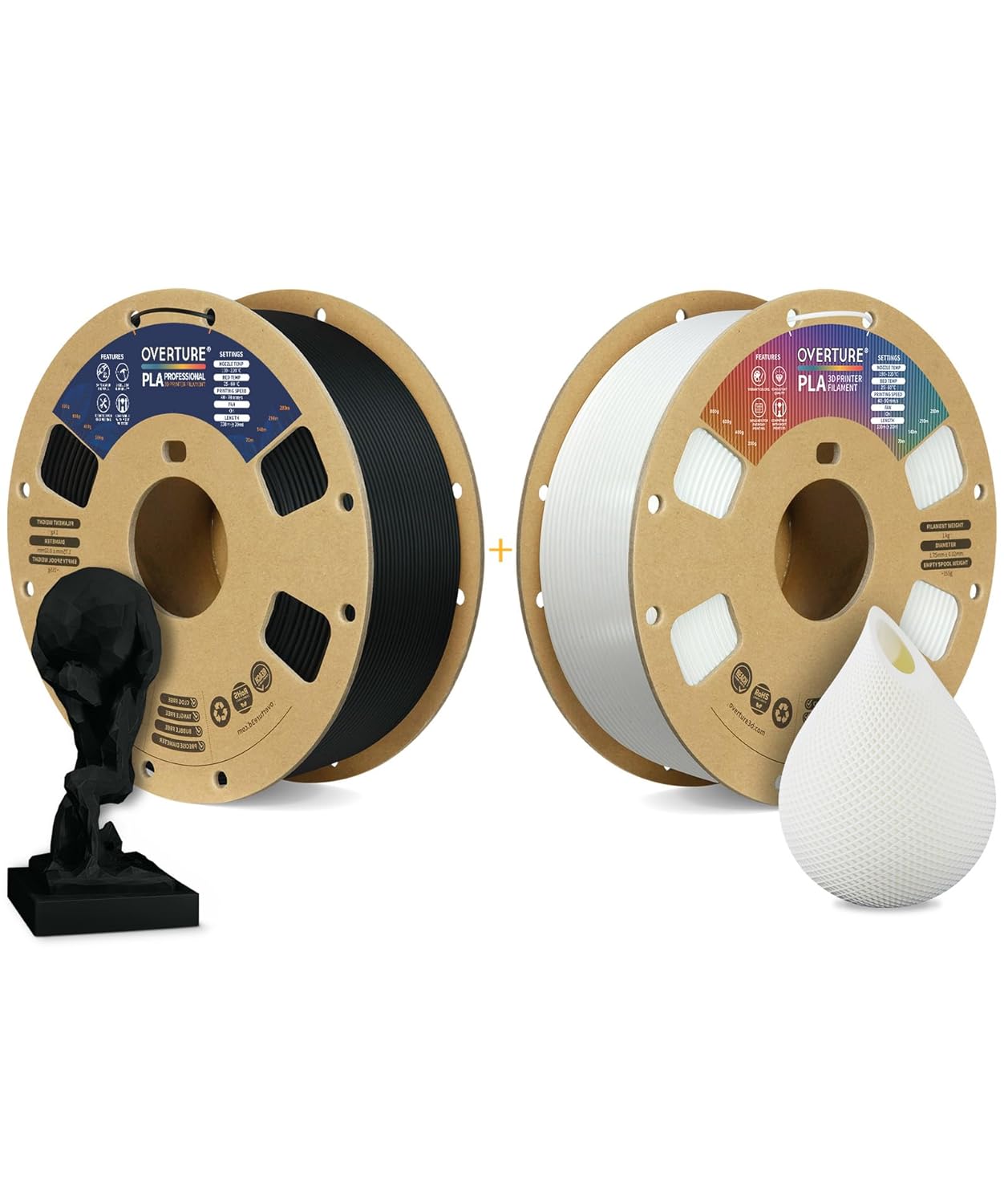 OVERTURE 3D Printer Filament 2kg, PLA Plus Filament and PLA Filament Fit Most FDM 3D Printers, 1kg per Spool, Pack of 2, PLA Plus Black+PLA White
