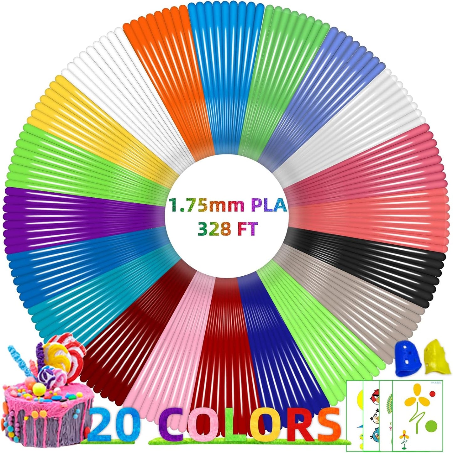 Geeetech 20 Colors PLA 3D Pen Filament Refills, 1.75mm 3D Pen Filament, Each Color 16.4ft, Total 328ft, Pack with 2 Finger Caps and 200+ Stencils eBook, Compatible with SCRIB3D MYNT3D 3D Pens