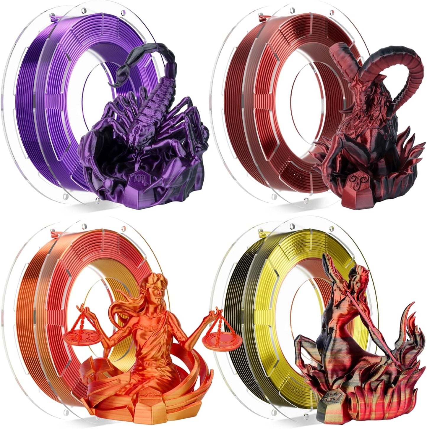 Chitu Systems Conjure Silk PLA 3D Printer Filament, 1.75mm Dual Color Filament, Silk Black Red Purple Gold Black Red Gold 3D Printing Filament 4x200g/1.8lb