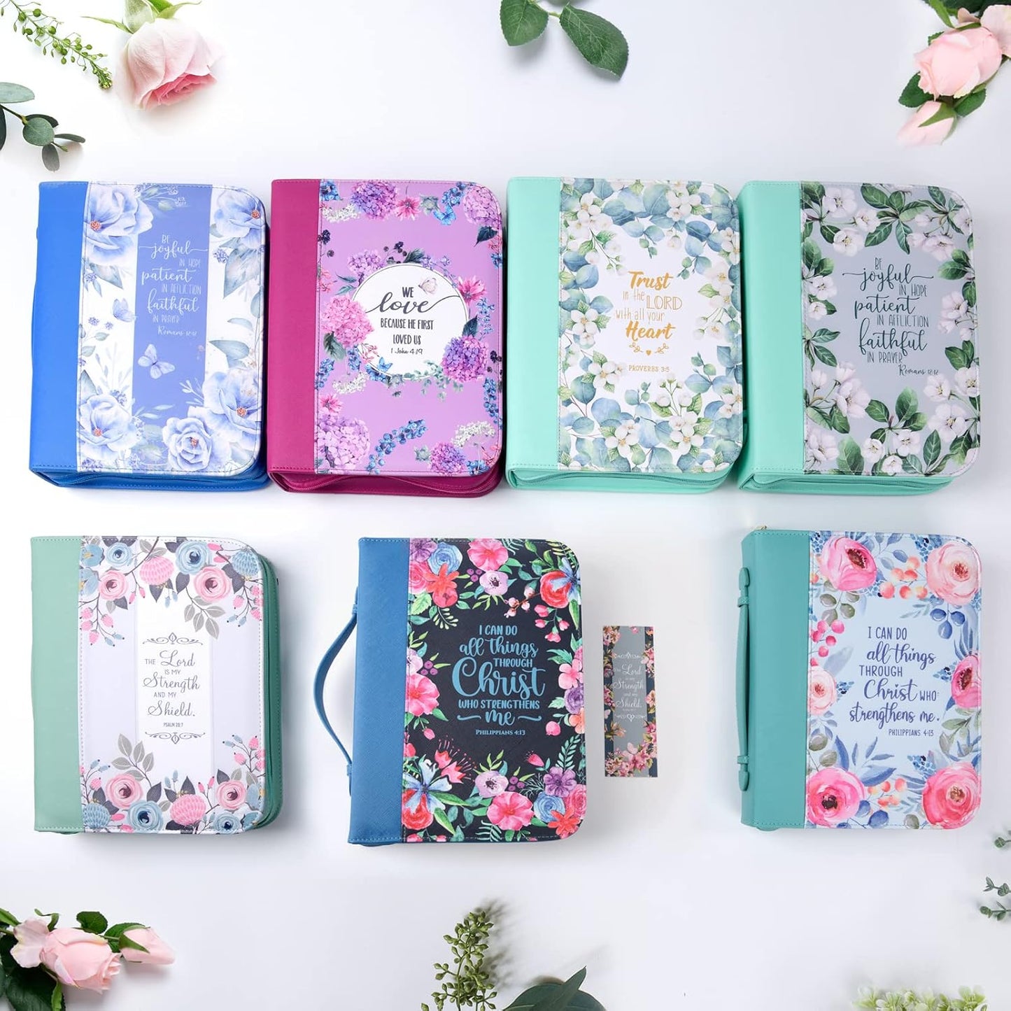 Bible Covers Case for Women Large Leather Bible Carrying Cases Holder Pink 10.8"X7.8"X2" Floral Bible Carrier Tote Bags with Bookmarks Handles Pockets Christian Bible Book Accessories Gifts
