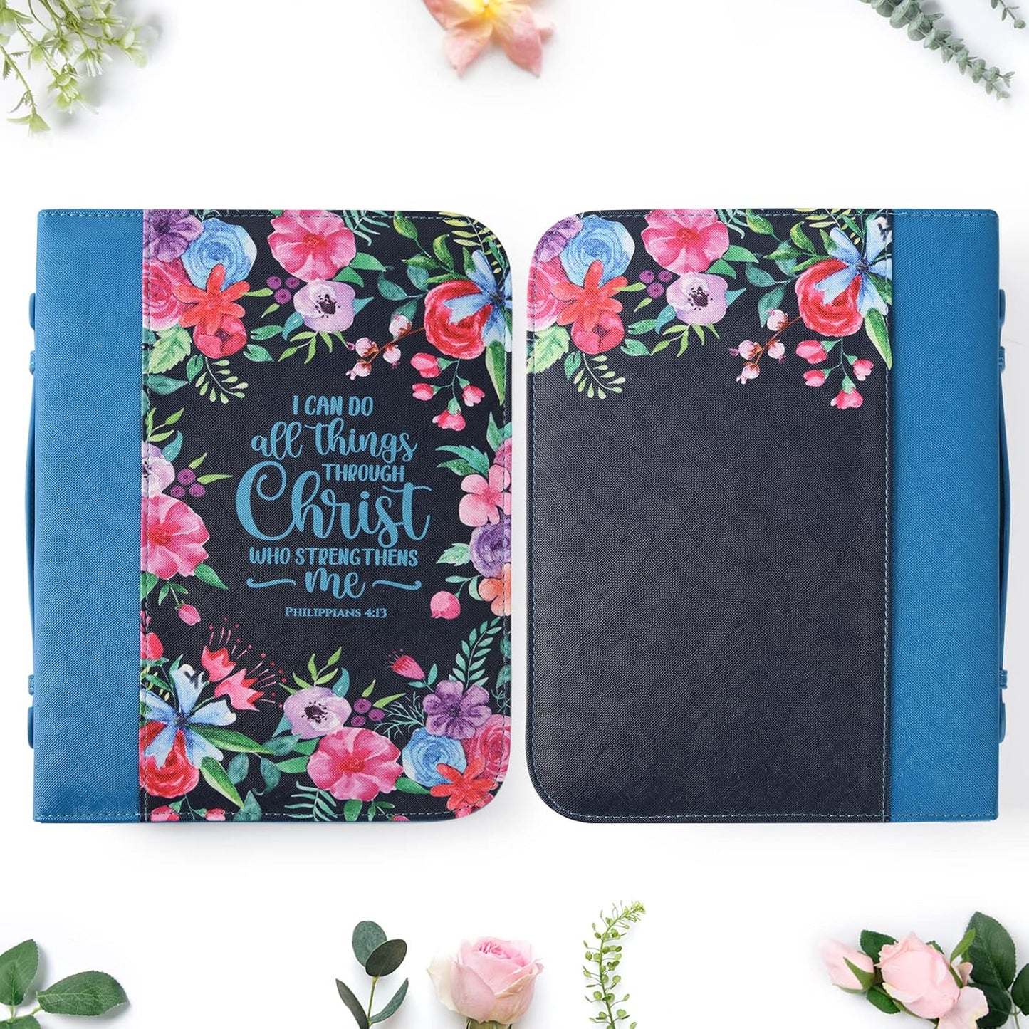 Bible Covers Case for Women Large Leather Bible Carrying Cases Holder Pink 10.8"X7.8"X2" Floral Bible Carrier Tote Bags with Bookmarks Handles Pockets Christian Bible Book Accessories Gifts
