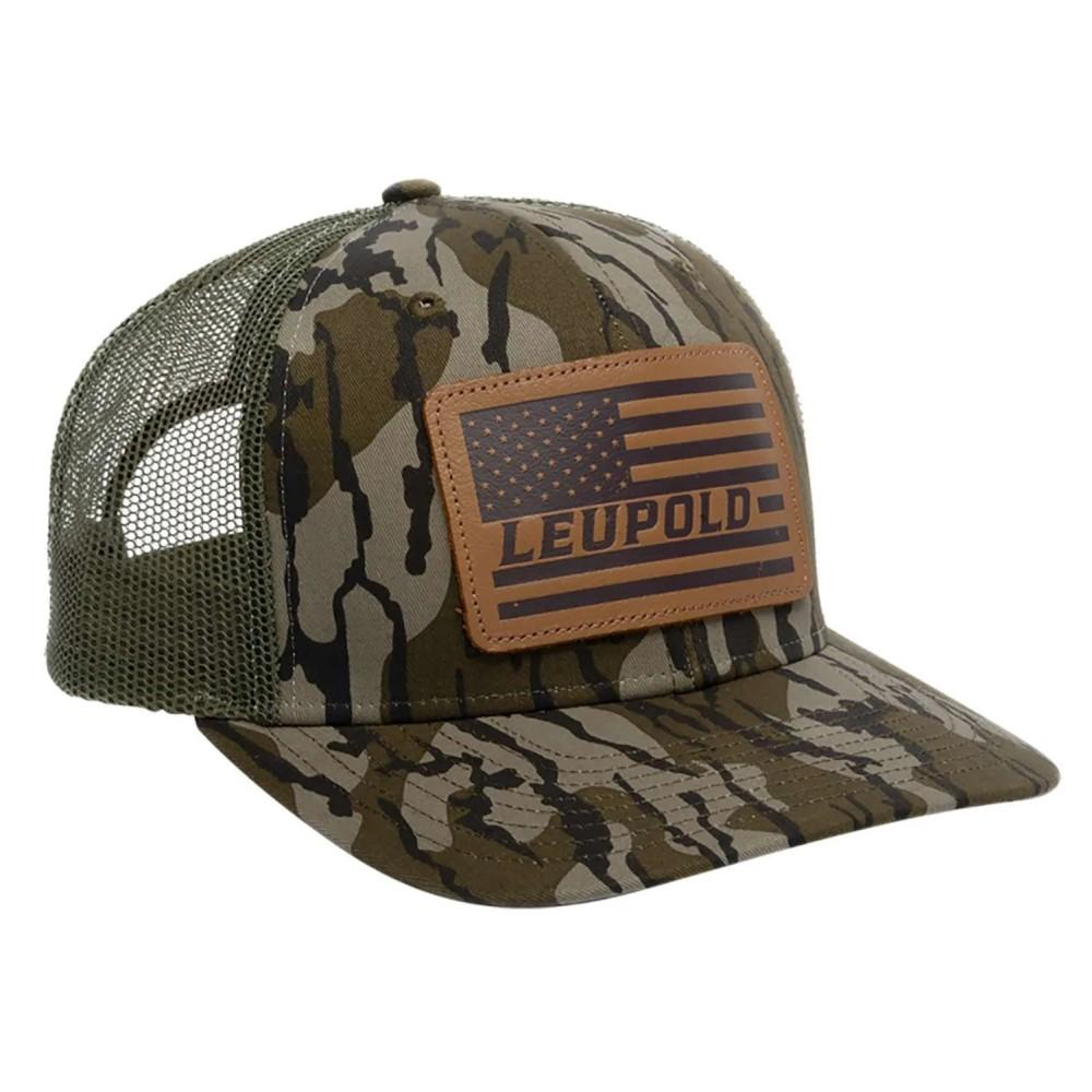 Leupold Caps Hats & Beanies|Caps Hats & Beanies|Hats Leupold Leupold Leather Flag Trucker Hat Mossy Oak Bottomland Camo/Green