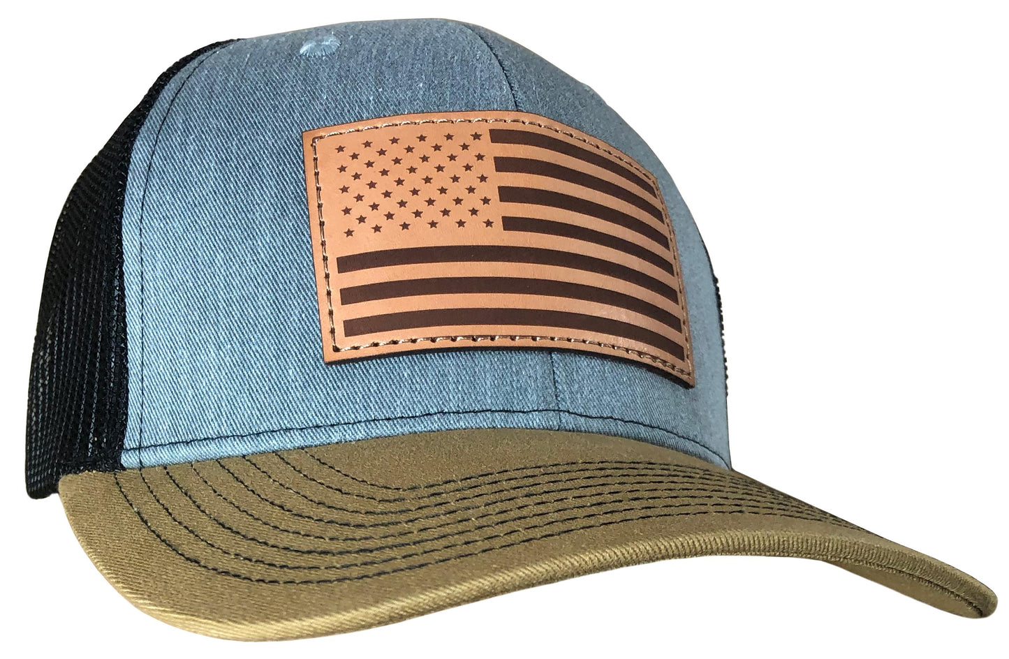 Outdoor Cap Company Caps Hats & Beanies|Hats Outdoor Cap Company Outdoor Cap Heathered Grey/Blk/ Old Gold Trucker With USA Flag Leather Patch