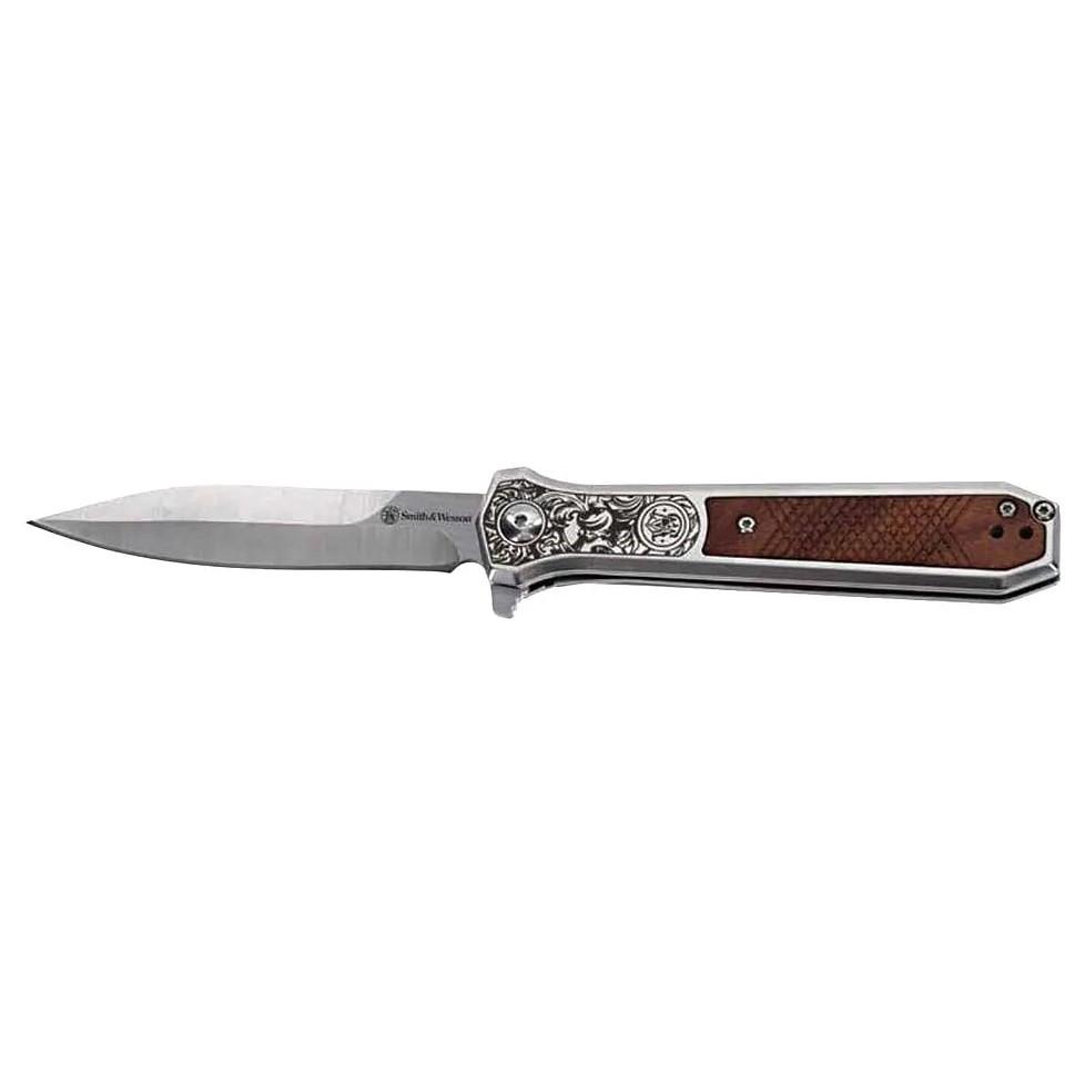 Battenfeld Knives Knives Battenfeld Knives Smith & Wesson KT Unwavered Spring Assist Folding Knife 3-1/5" Dagger Blade Silver with Brown Box