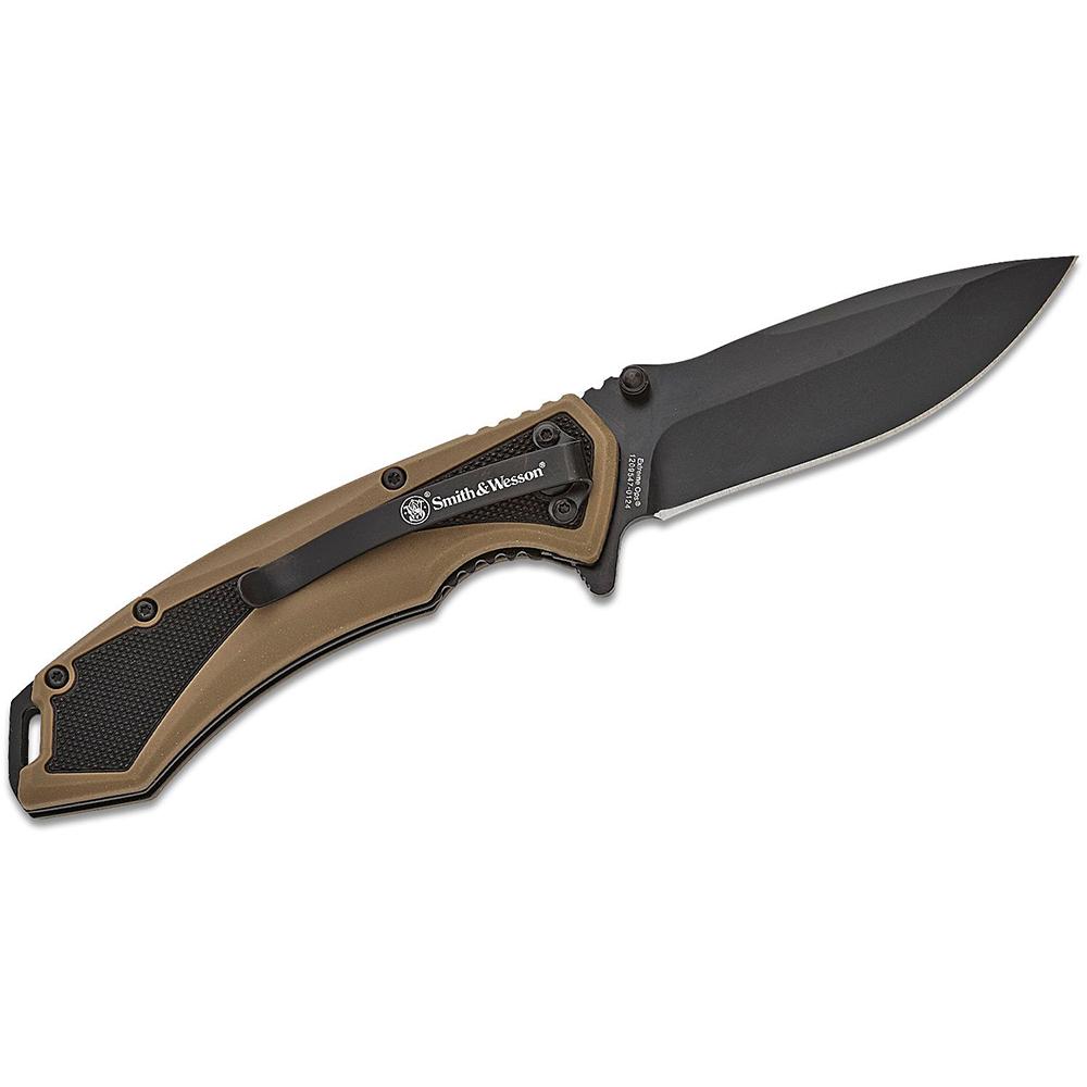 Battenfeld Knives Knives Battenfeld Knives Smith & Wesson Extreme Ops Spring Assist Folding Knife 3-1/4" Drop Point Blade Black Tan Box