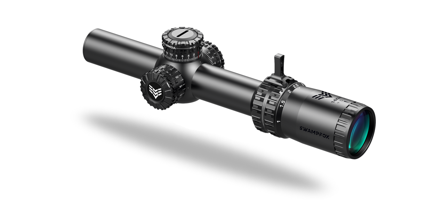 10 Ring Centerfire Scopes 10 Ring Swampfox Arrowhead LPVO Series Rifle Scope 1-8x24 30mm SFP IR Red MOA Black