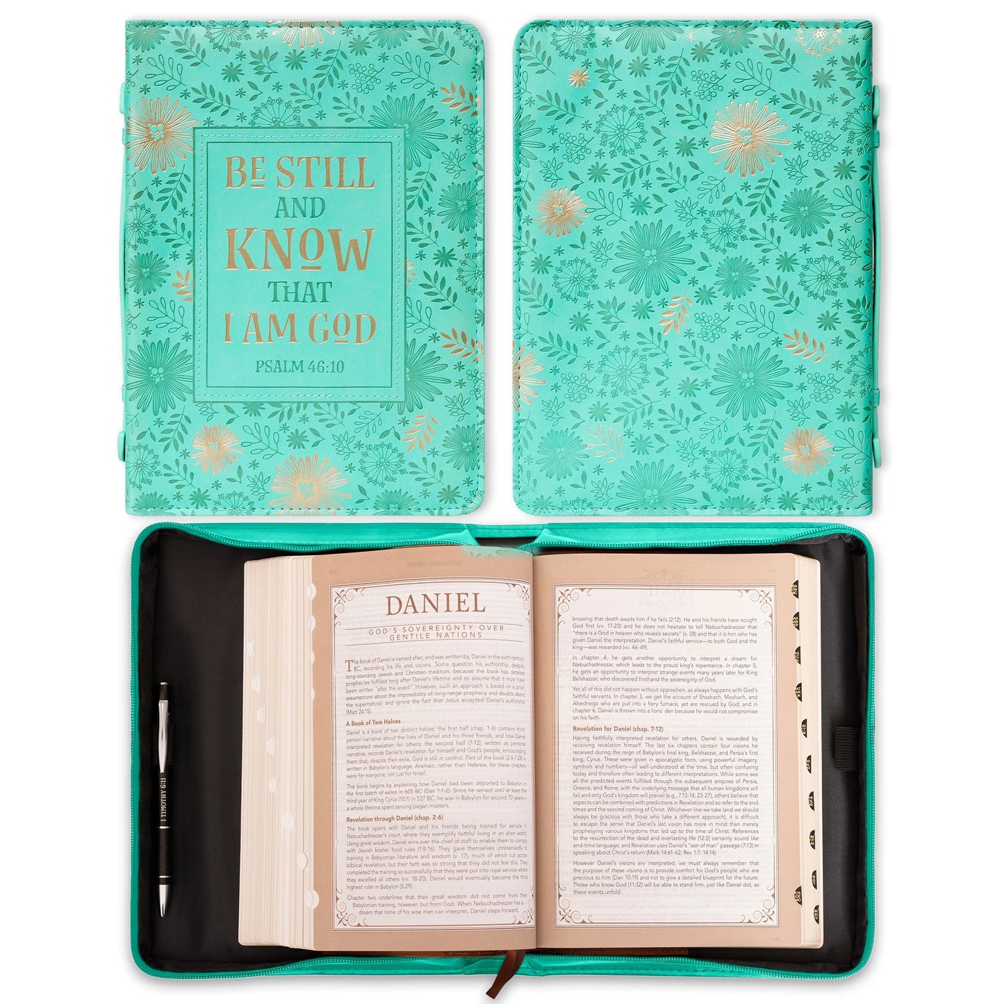 Christian Art Gifts Women'S Fashion Bible Cover Be Still and Know Psalm 46:10, Turquoise/Gold Floral Faux Leather, Large
