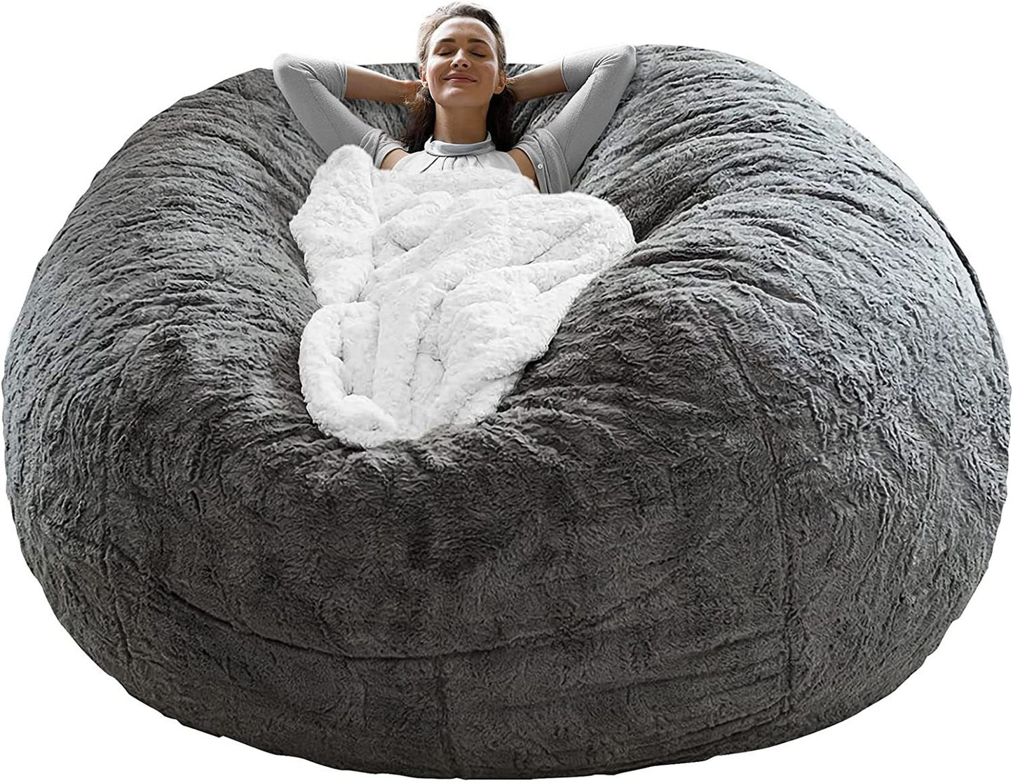 Bag Chair Coverit Was Only A Cover, Not A Full Bean BagChair Cushion, Big Round Soft Fluffy PV Velvet Sofa Bed Cover, Living Room Furniture, Lazy Sofa Bed Cover,6ft Dark Grey