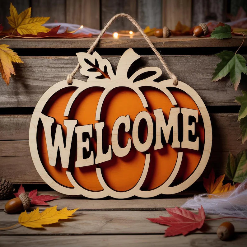 Pumpkin Welcome Sign – Rustic Fall Front Door Hanging Décor, Autumn Farmhouse Entryway Accent