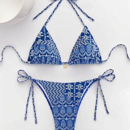Women Printed Lace-up Bikini Split Swimsuit Swimwear