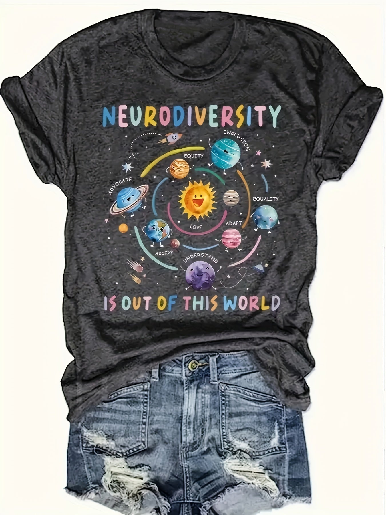 Planet Minimalist Letter Pattern Printed Plus Size T-shirt, Casual Round Neck Summer Short Sleeved Women's Top