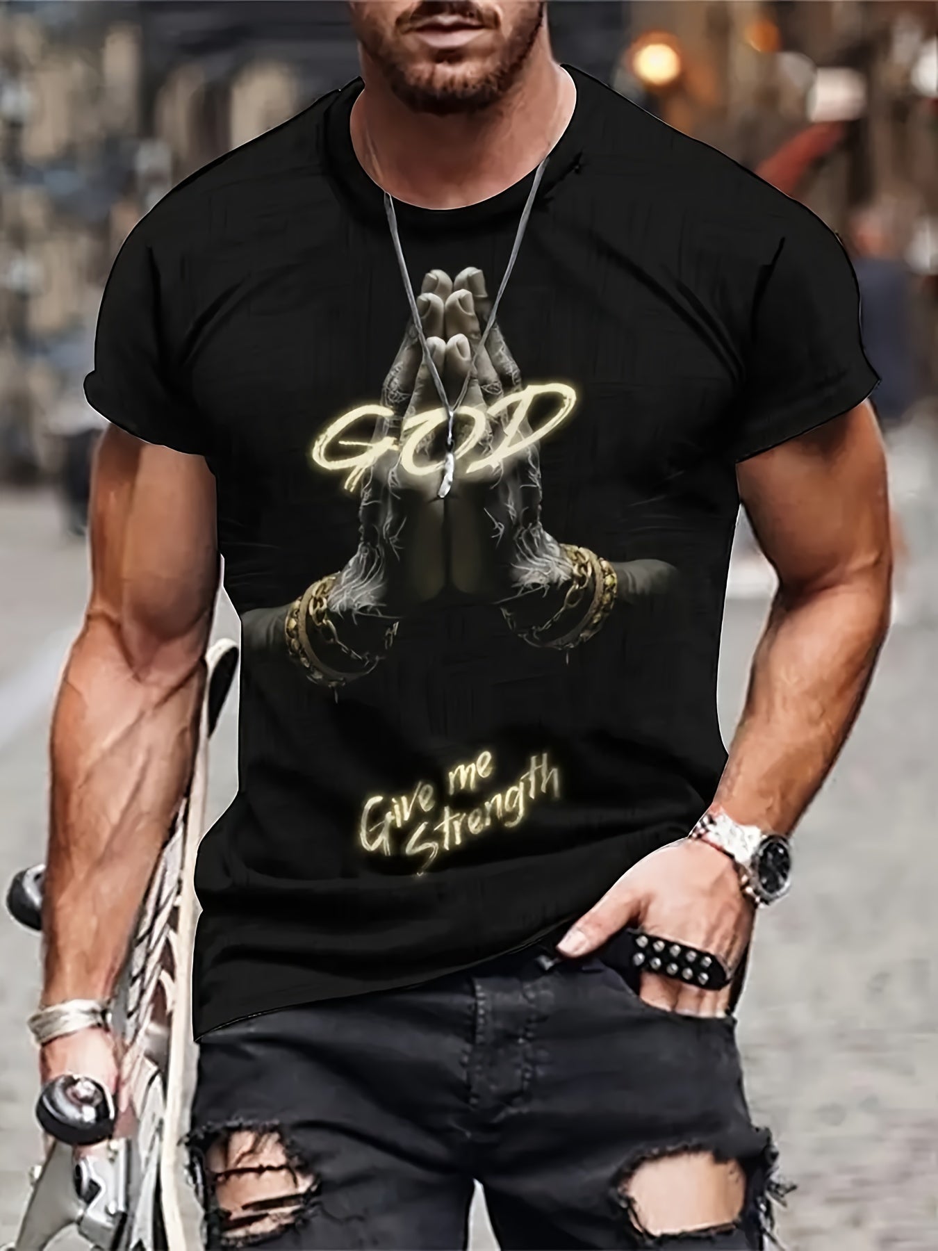 god gives me strength to 3d print mens comfortable plus size t shirt short sleeved casual round neck top mens summer outdoor wear