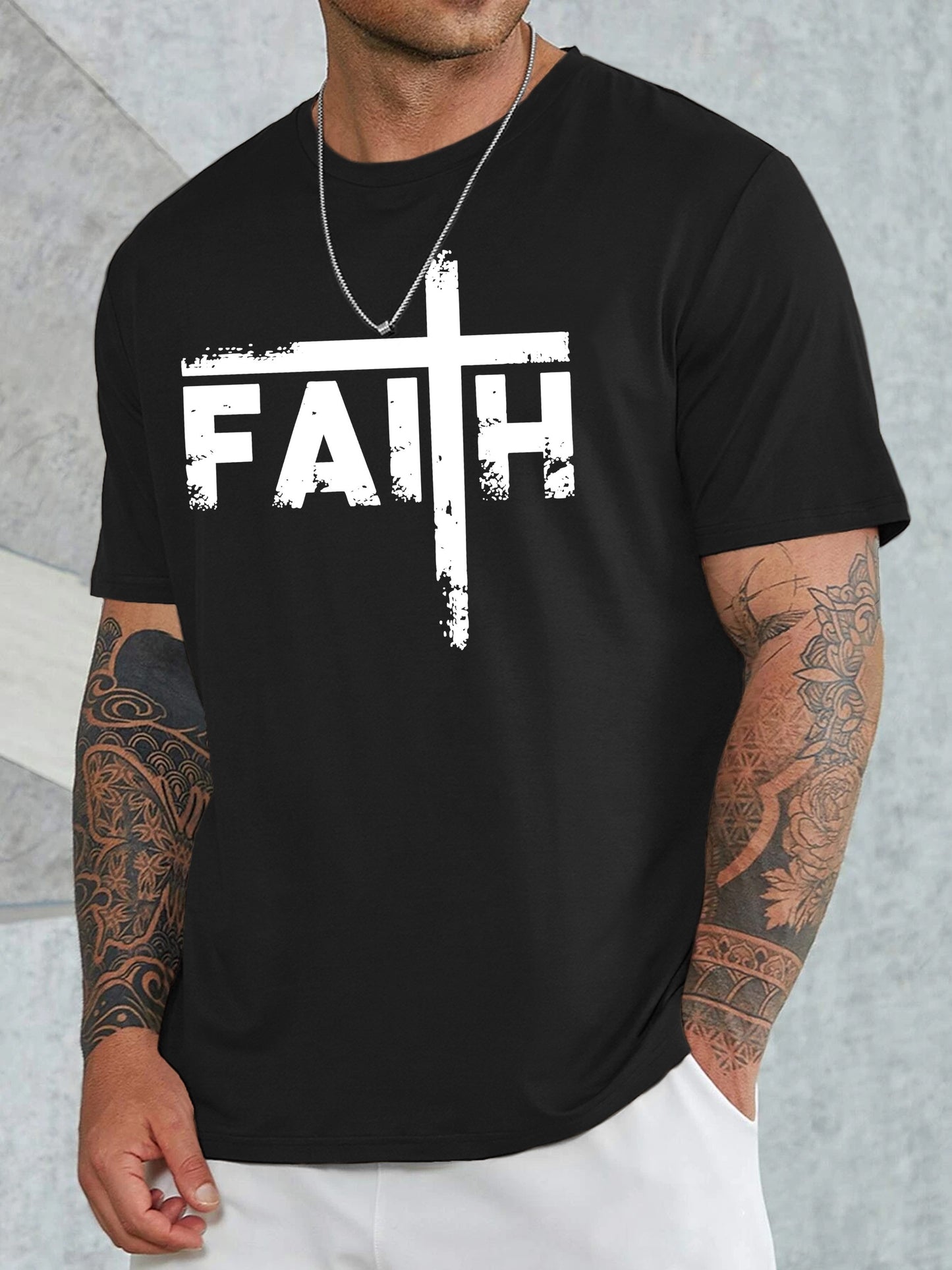 Large Men's Casual Fashion Sports T-shirt, Faith Pattern Round Neck Comfortable T-shirt Summer Clothing