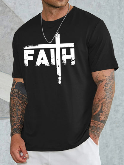 Large Men's Casual Fashion Sports T-shirt, Faith Pattern Round Neck Comfortable T-shirt Summer Clothing