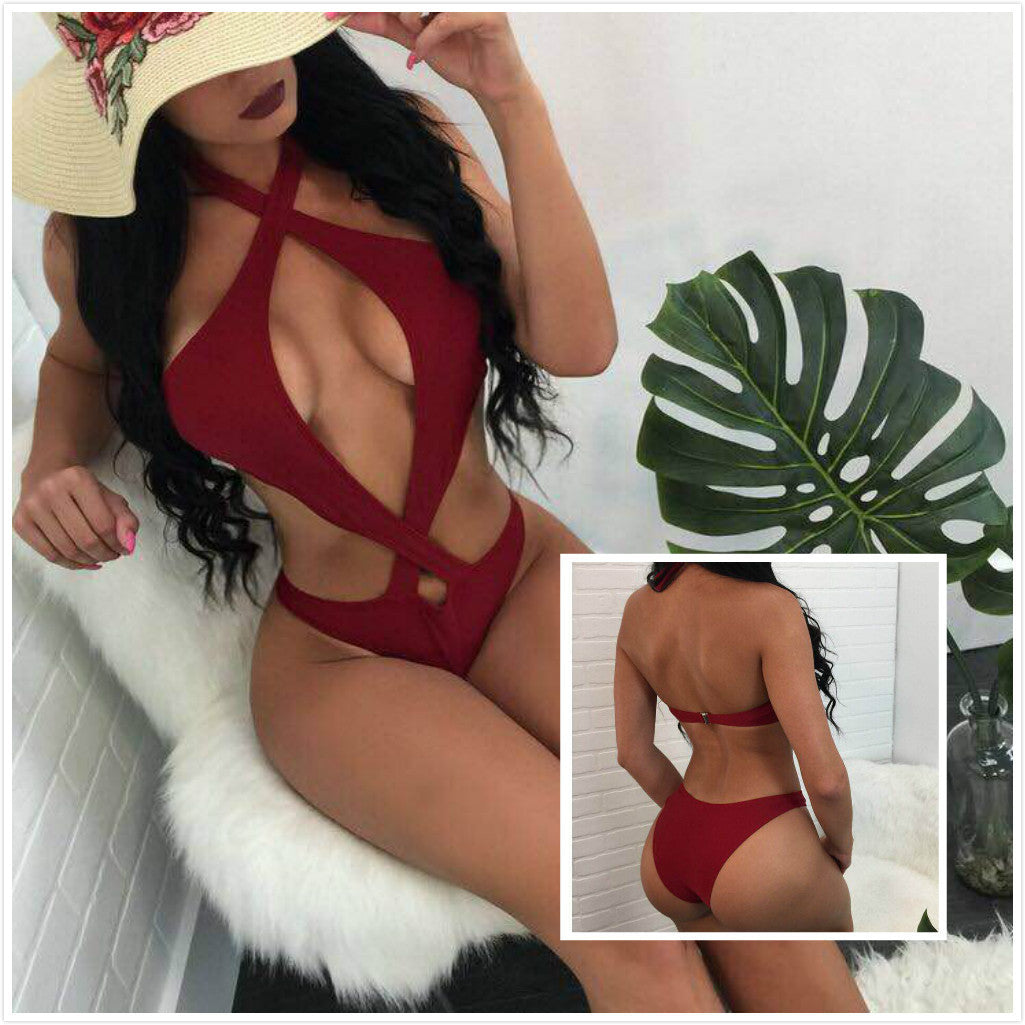 Amazon WISH New Sexy Halter Cross Design Solid Color Bikini Swimwear Women