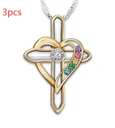 Cross Love Colorful Imitatio Gemstone Pendant Alloy Clavicle Chain