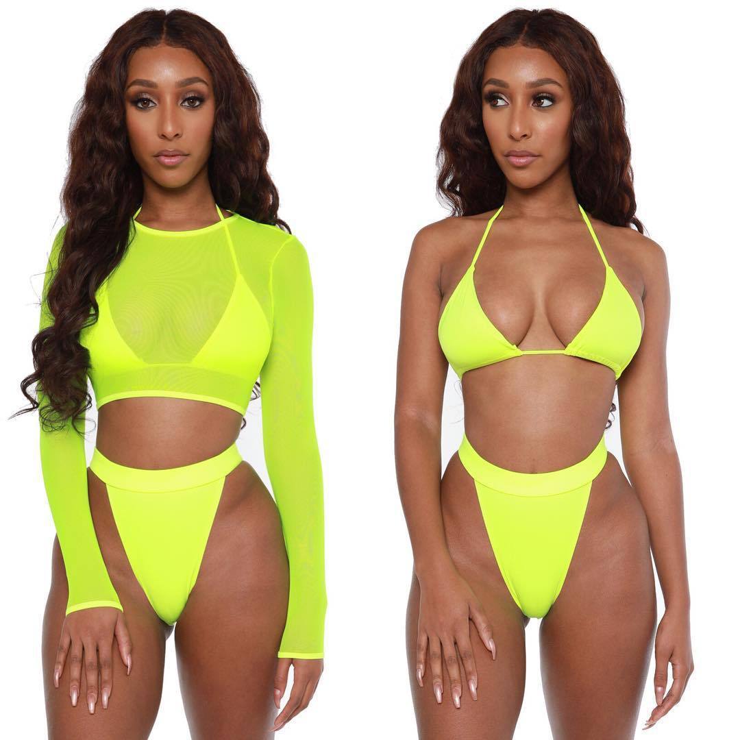 3 Piece Neon Green Bikini Swimsuit Women Sexy Long Sleeve Swimwear Women High Waist Bikini Set High Cut Bathing Suit