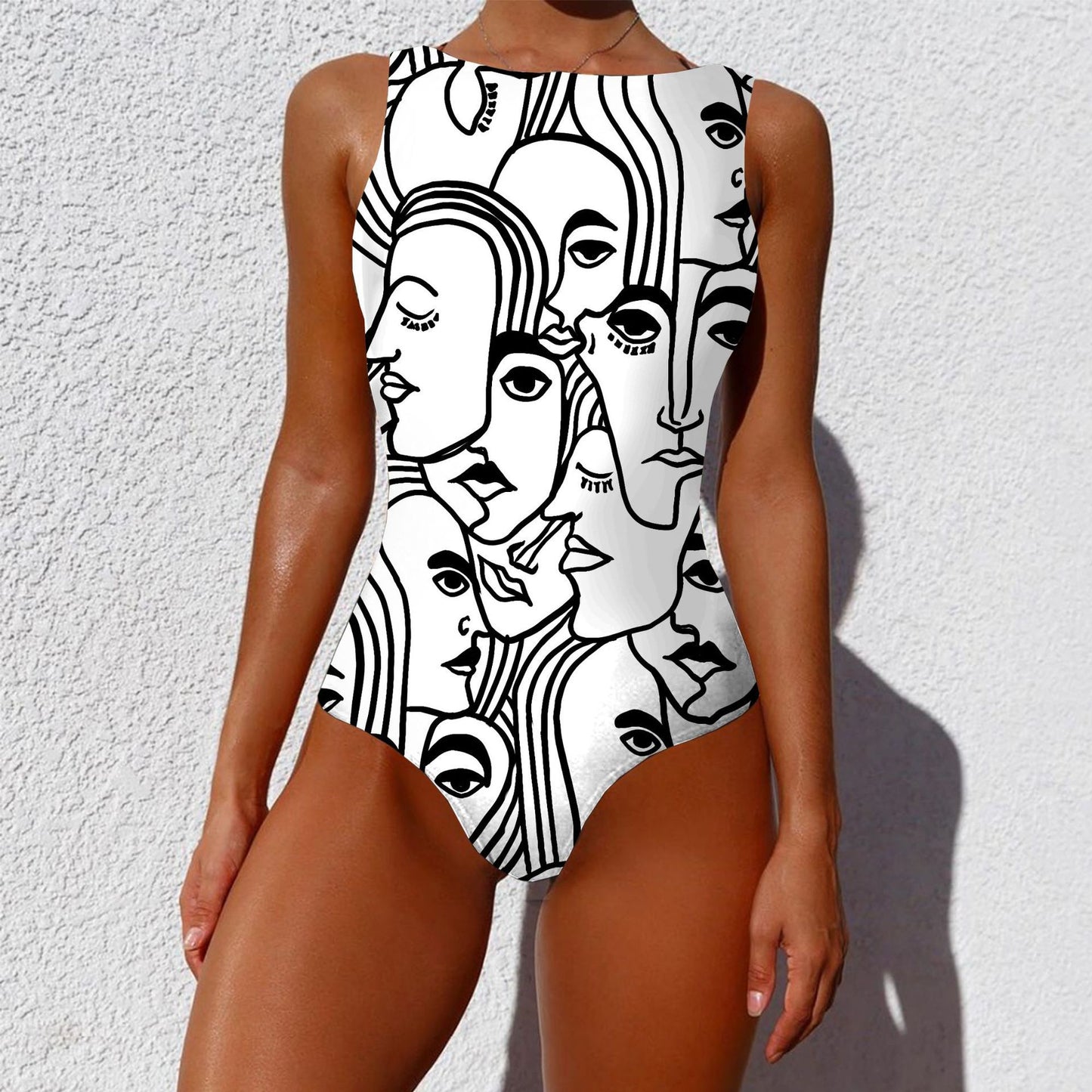 One-piece Fashion Vintage Abstract Print Lady Swimsuit Women Sleeveless Round Neck Bikini Swimwear Summer Push Up Swimsuit