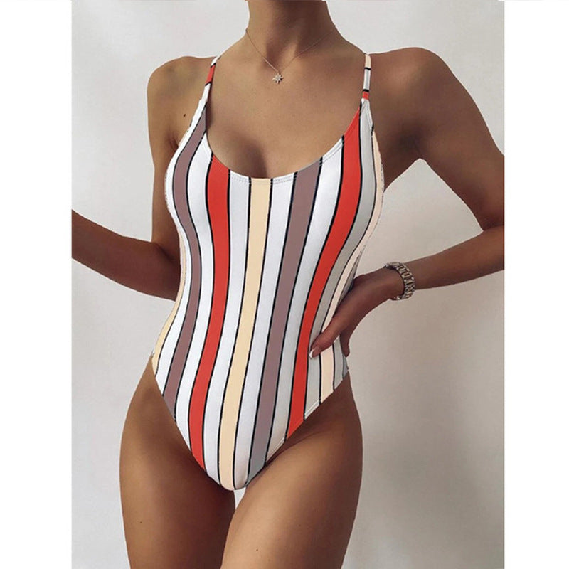 Multicolor Striped One-piece Swimsuit Women European And American Foreign Trade Swimwear Amazon Bikini