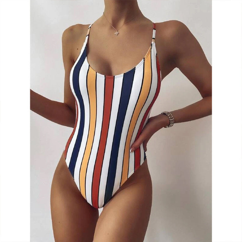 Multicolor Striped One-piece Swimsuit Women European And American Foreign Trade Swimwear Amazon Bikini