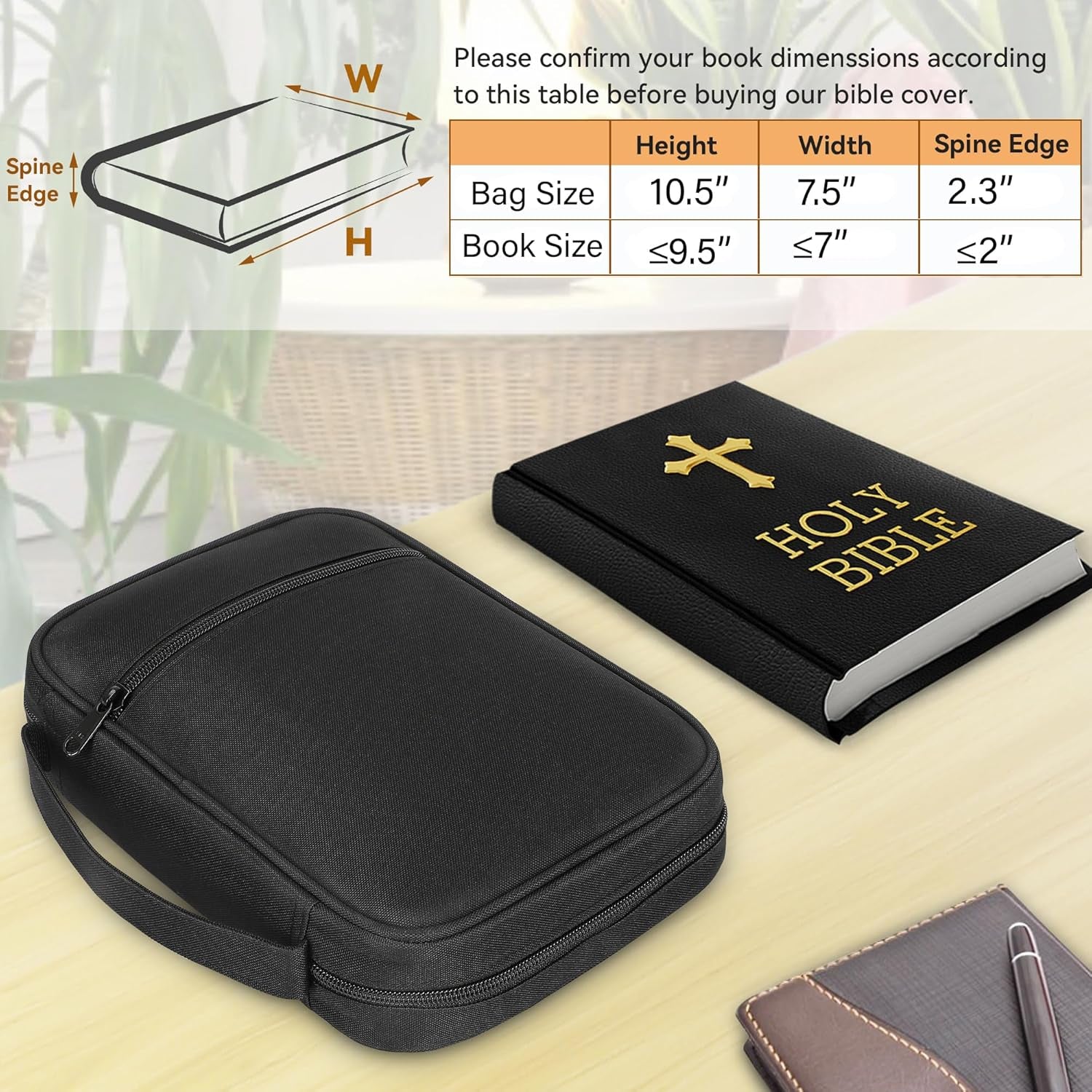 Bible Cover, Standard Size Polyester Bible Case with Internal Compartments and Zippers, Bible Cover Case for Women (Black)