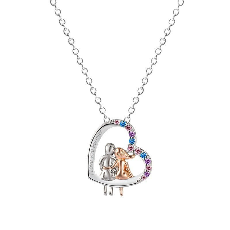 Love Couple Necklace With Colorful Rhinestones Fashion Creative Heart-shaped Necklace For Valentine's Day Gift