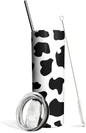 Stainless Steel Cow Print Tumbler with Lid and Straw - 20 Oz Insulated Thermal Slim Tumbler - Cow Decor - Women'S Gift - Birthday Present