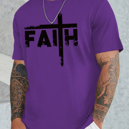Large Men's Casual Fashion Sports T-shirt, Faith Pattern Round Neck Comfortable T-shirt Summer Clothing