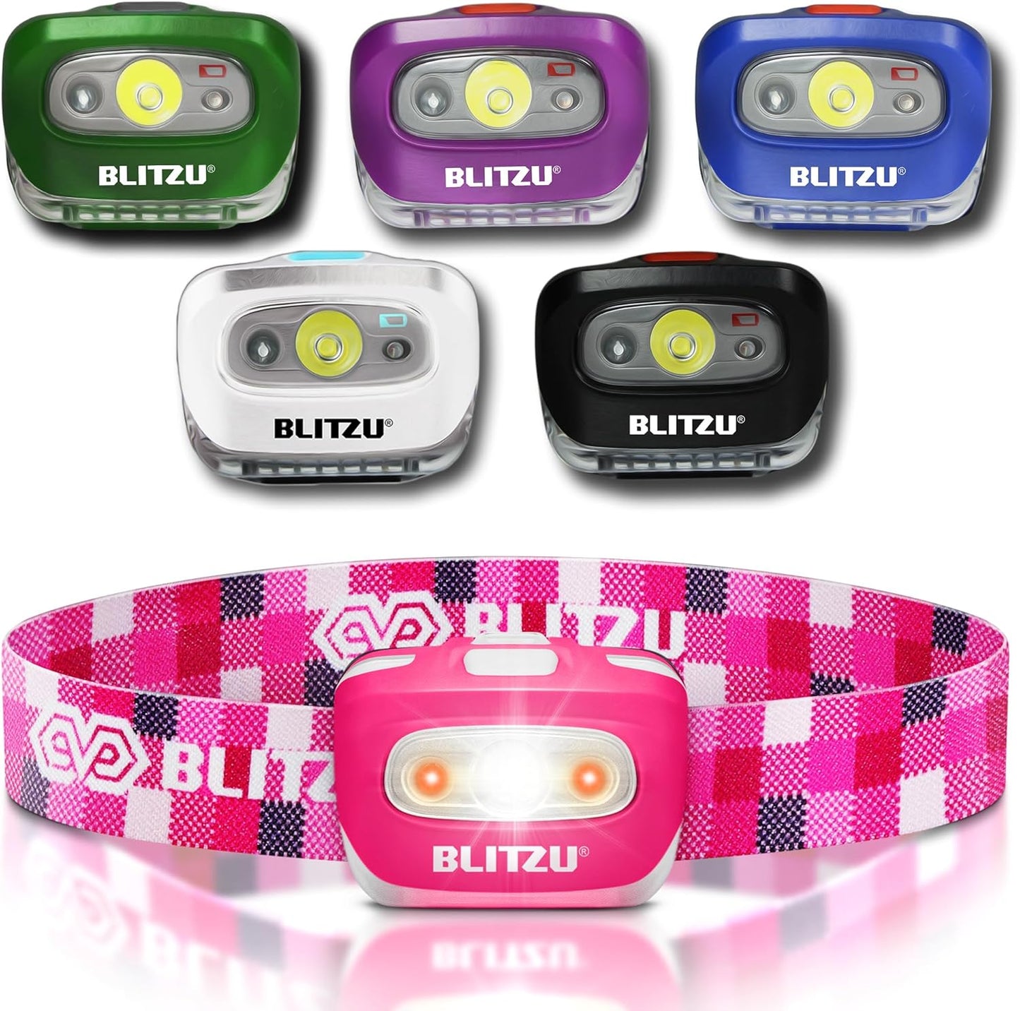 BLITZU, Hands-Free Headlamp, Long Range, Non-Slip Grip, High Power, Impact Resistant, Adjustable Light Modes, Battery Powered, Pink