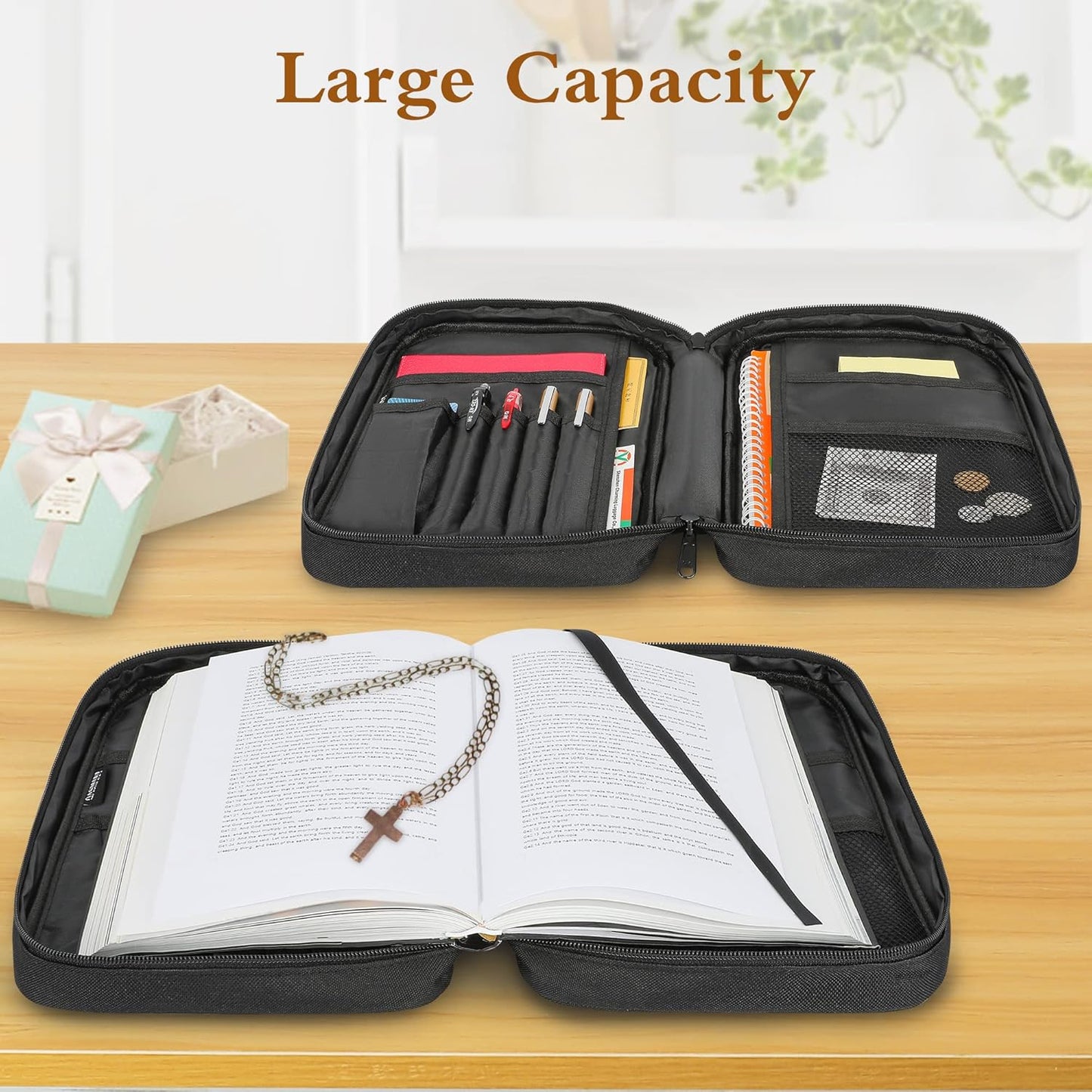 Bible Cover, Standard Size Polyester Bible Case with Internal Compartments and Zippers, Bible Cover Case for Women (Black)