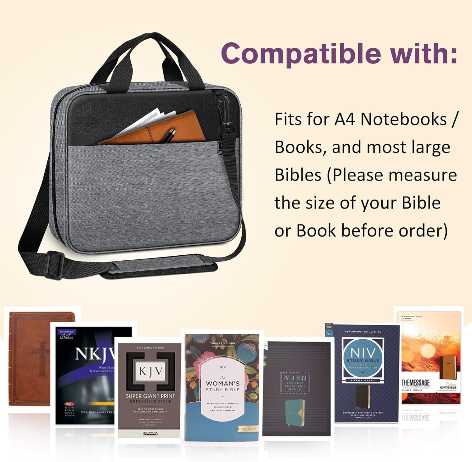 FINPAC Extra Large Bible Cover, Carrying Book Case Church Bag Bible Protective with Detachable Shoulder Strap & Zippered Pocket, Gift for Men Women, Gray