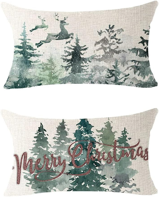 LIPOR Set of 2 Best Gifts Christmas Throw Pillow Covers Green Pine Deer Merry Christmas Cotton Linen Lumbar Throw Pillowcase Farmhouse Home Decor Cushion Cover for Family Friends 12"X20"