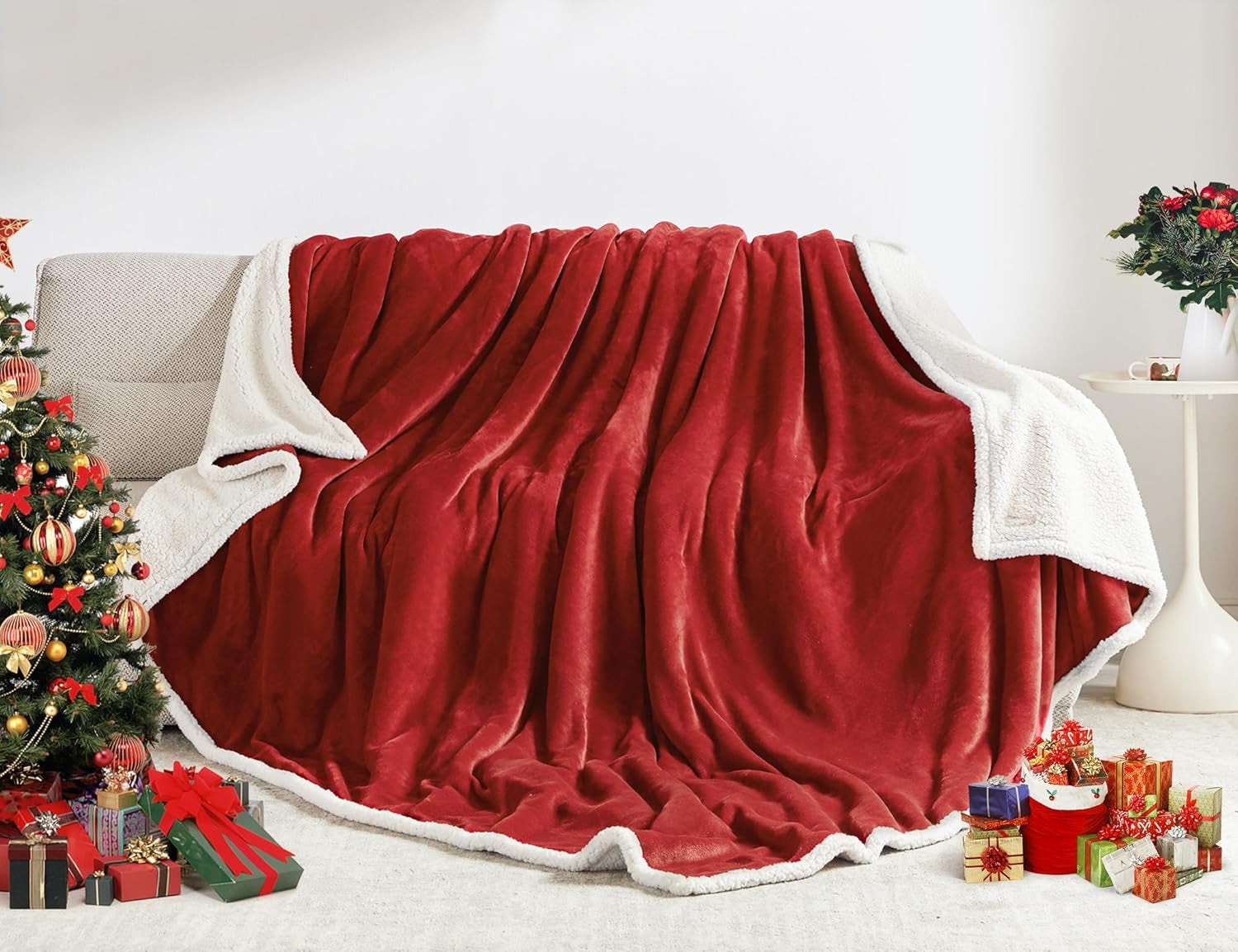 BEAUTEX Sherpa Fleece Throw Blankets, Soft Fluffy Flannel Plush Blanket and Throw, Fuzzy Cozy Red Cuddle Blankets for Couch Bed Sofa Adults (50" X 60", Wine)