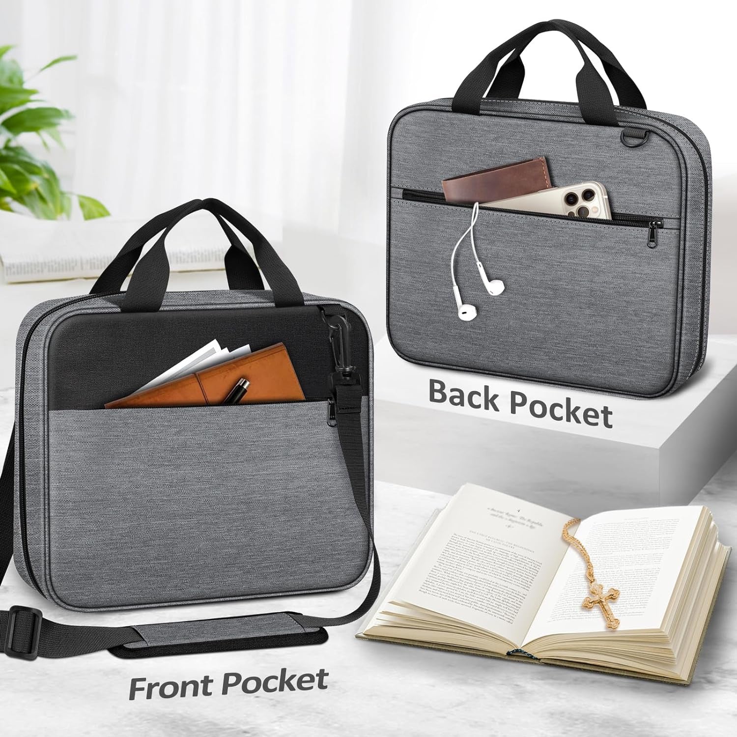 FINPAC Extra Large Bible Cover, Carrying Book Case Church Bag Bible Protective with Detachable Shoulder Strap & Zippered Pocket, Gift for Men Women, Gray