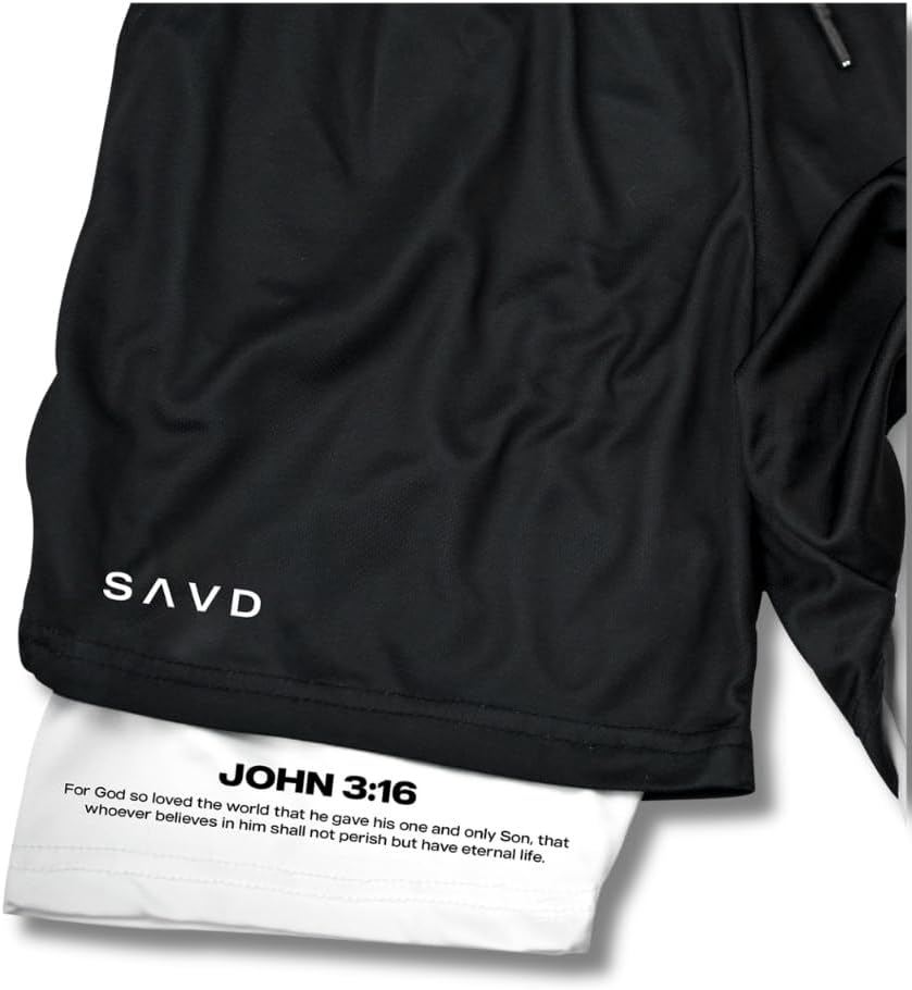 SAVD Christian Performance Shorts - Men's Gym & Sport Shorts with Pockets & Compression Liner, Bible Verse Activewear