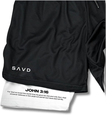SAVD Christian Performance Shorts - Men's Gym & Sport Shorts with Pockets & Compression Liner, Bible Verse Activewear
