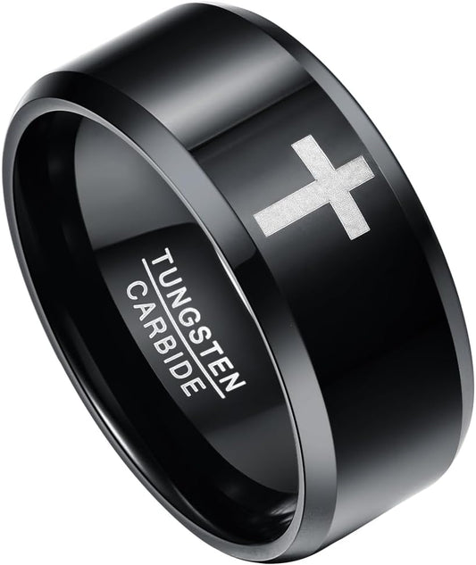 Cross Ring for Men 8mm/10mm Tungsten Wedding Bands Christian Rings with Beveled Edges Comfort Fit Size 7-12