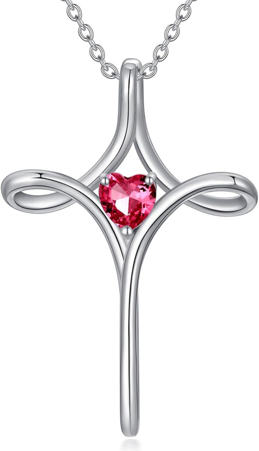 Birthstone Cross Necklaces for Women, 925 Stelring Silver Colored Gemstone Cross Necklaces Christian Jewelry Confirmation Baptism Gift