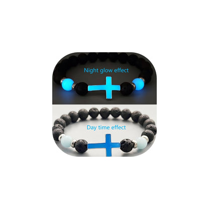 8mm Natural Volcanic Stone Bracelets for Men,Luminous Cross Bracelets,Healing Crystal Elastic Stretch Beads Bracelet,Religion Holy Communion Bracelet for Women