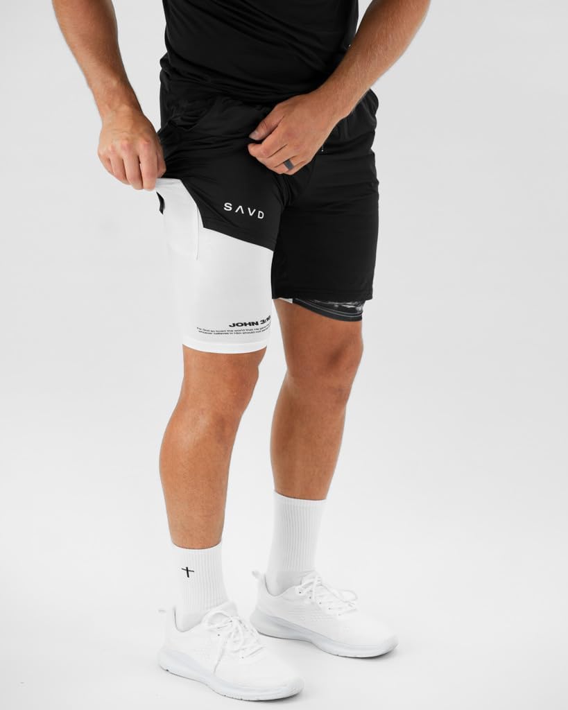SAVD Christian Performance Shorts - Men's Gym & Sport Shorts with Pockets & Compression Liner, Bible Verse Activewear