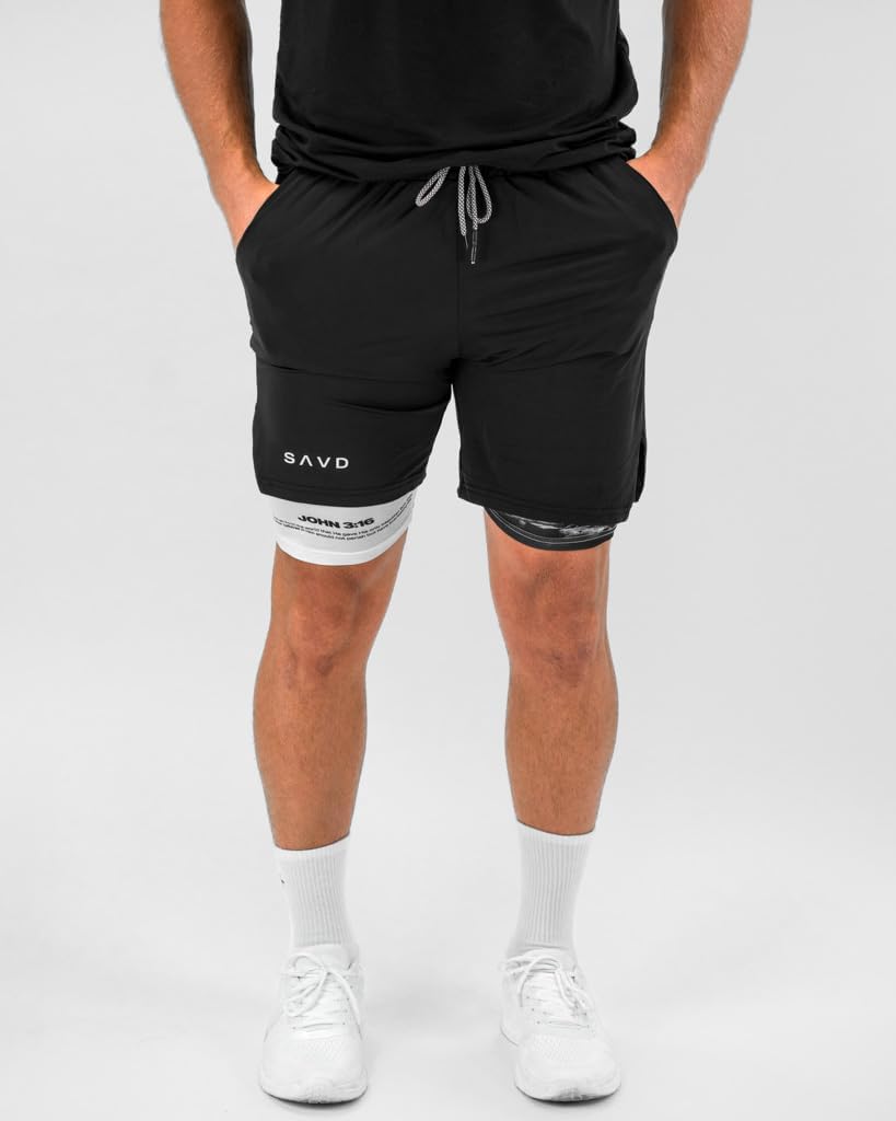 SAVD Christian Performance Shorts - Men's Gym & Sport Shorts with Pockets & Compression Liner, Bible Verse Activewear