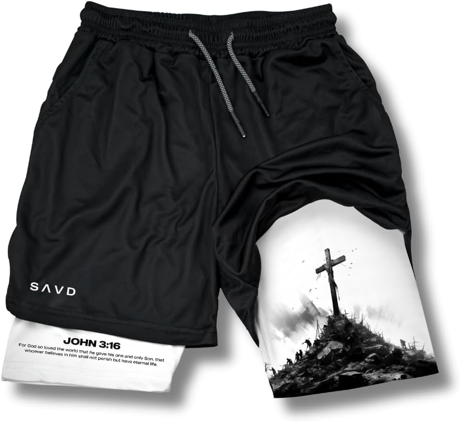 SAVD Christian Performance Shorts - Men's Gym & Sport Shorts with Pockets & Compression Liner, Bible Verse Activewear