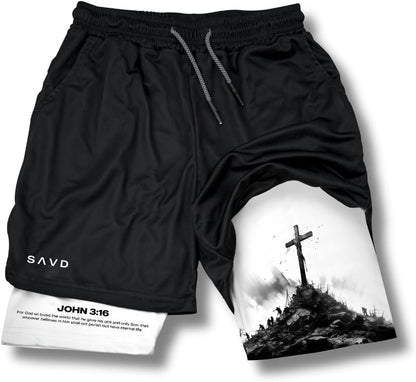 SAVD Christian Performance Shorts - Men's Gym & Sport Shorts with Pockets & Compression Liner, Bible Verse Activewear