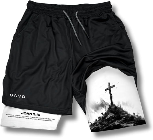 SAVD Christian Performance Shorts - Men's Gym & Sport Shorts with Pockets & Compression Liner, Bible Verse Activewear
