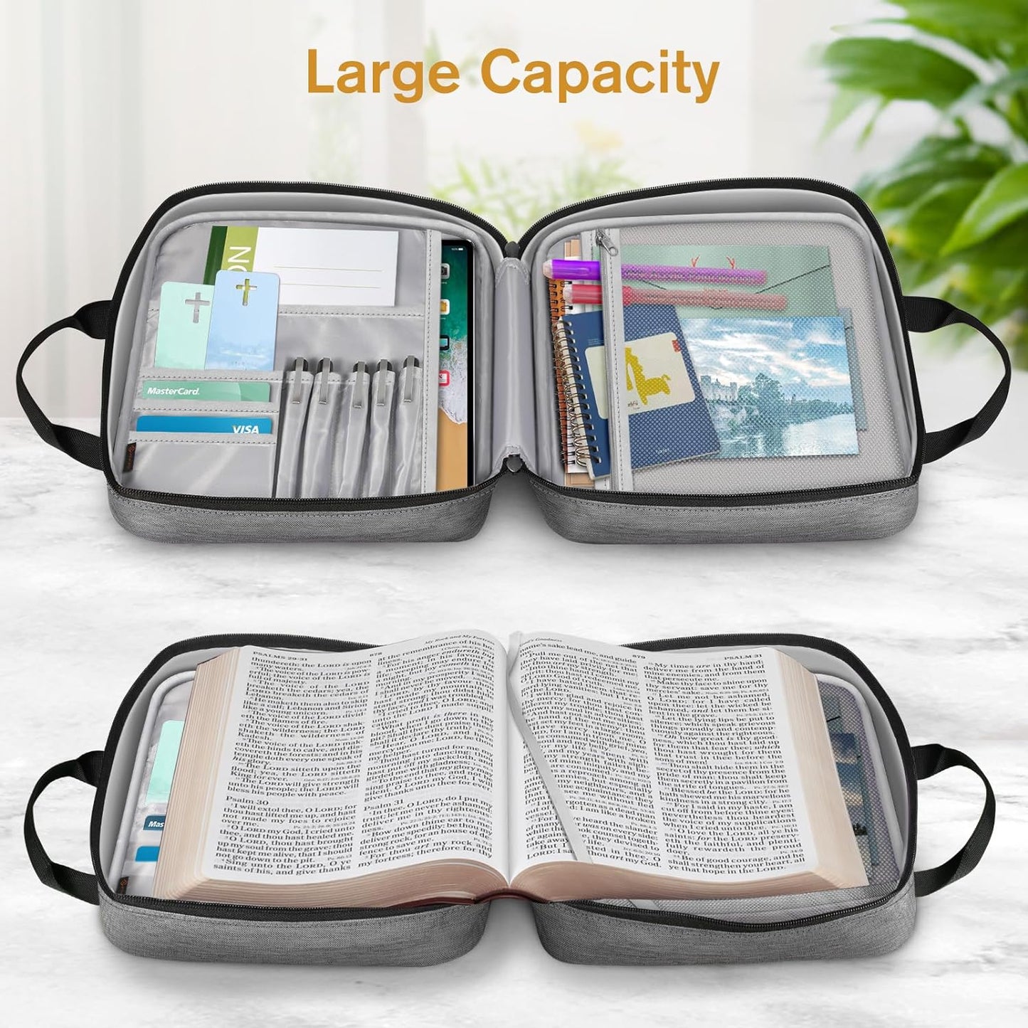 FINPAC Extra Large Bible Cover, Carrying Book Case Church Bag Bible Protective with Detachable Shoulder Strap & Zippered Pocket, Gift for Men Women, Gray